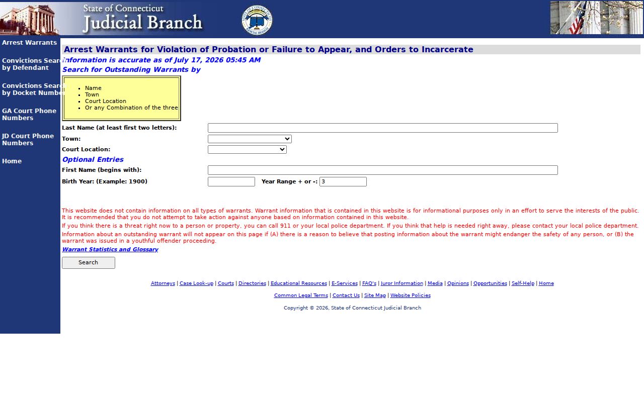 Connecticut Judicial Branch arrest warrant search fields