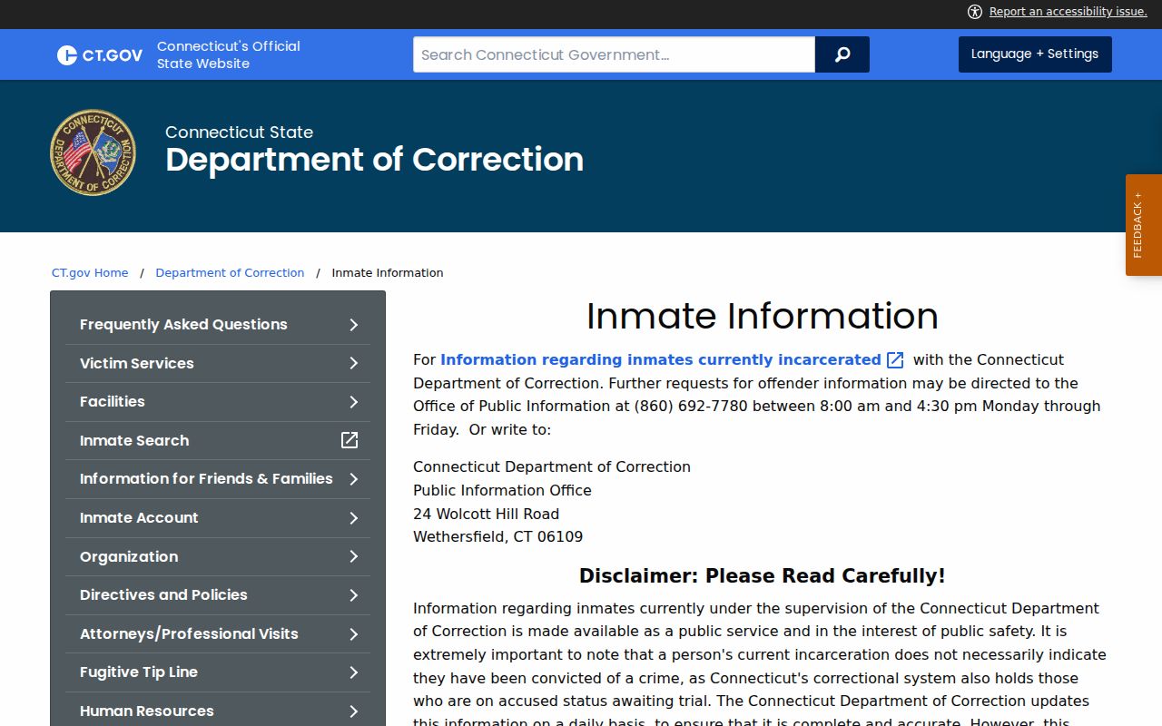 Connecticut DOC inmate information gateway and custody warning