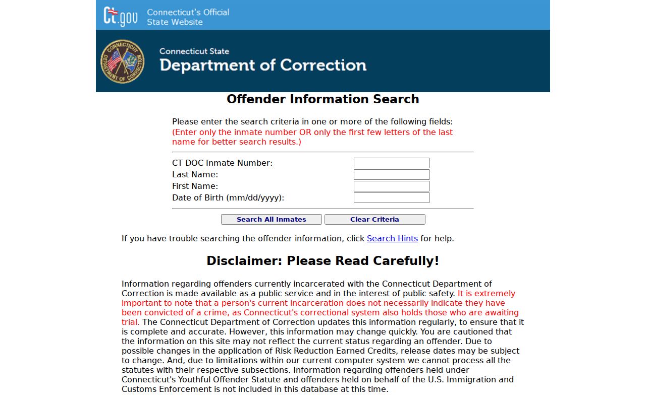 Connecticut DOC inmate search form used after a Manchester arrest
