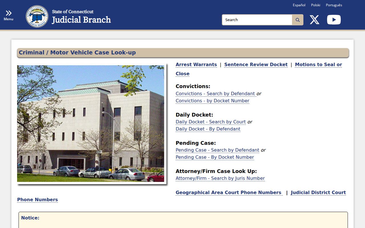 Connecticut court lookup menu for Manchester Town criminal court cases