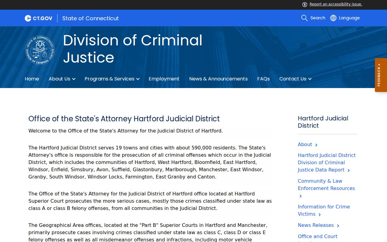 Hartford State's Attorney office serving Manchester Town criminal court cases